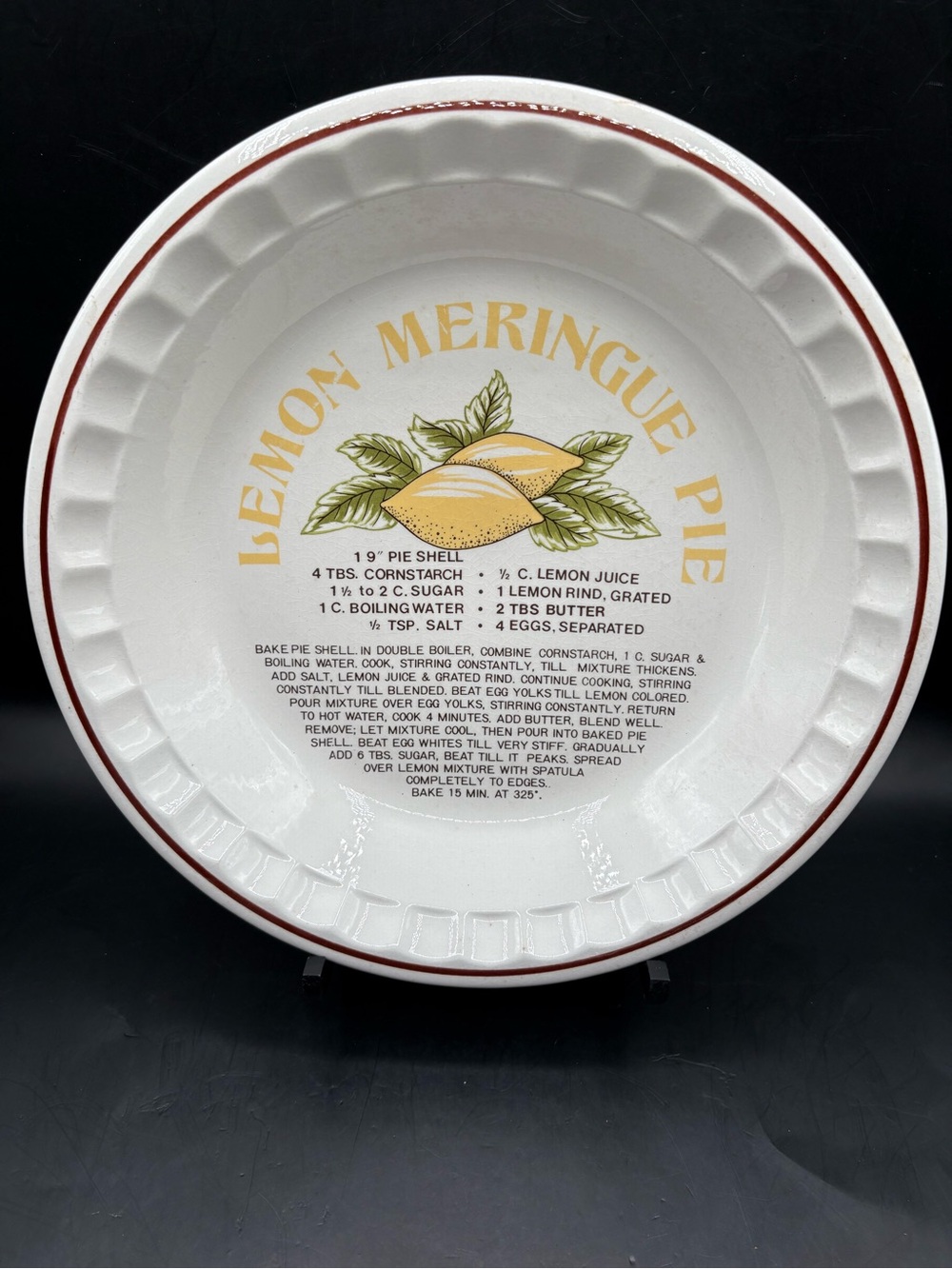Vintage Lemon Meringue Pie Ceramic Serving Dish - White with Yellow Lemon Design